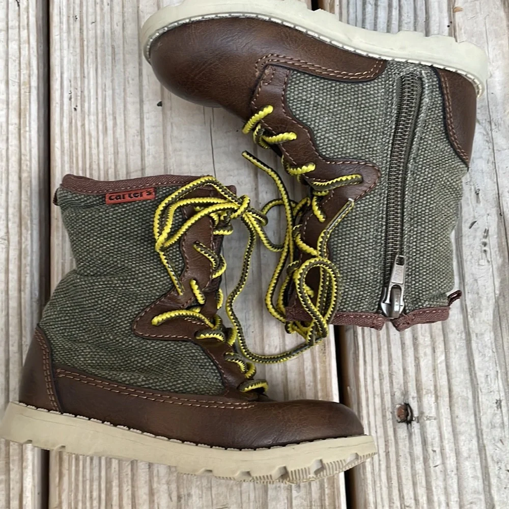 Carter’s Toddler Boys Lace-Up Boots Brown/Olive Size 6 Side Zip EUC